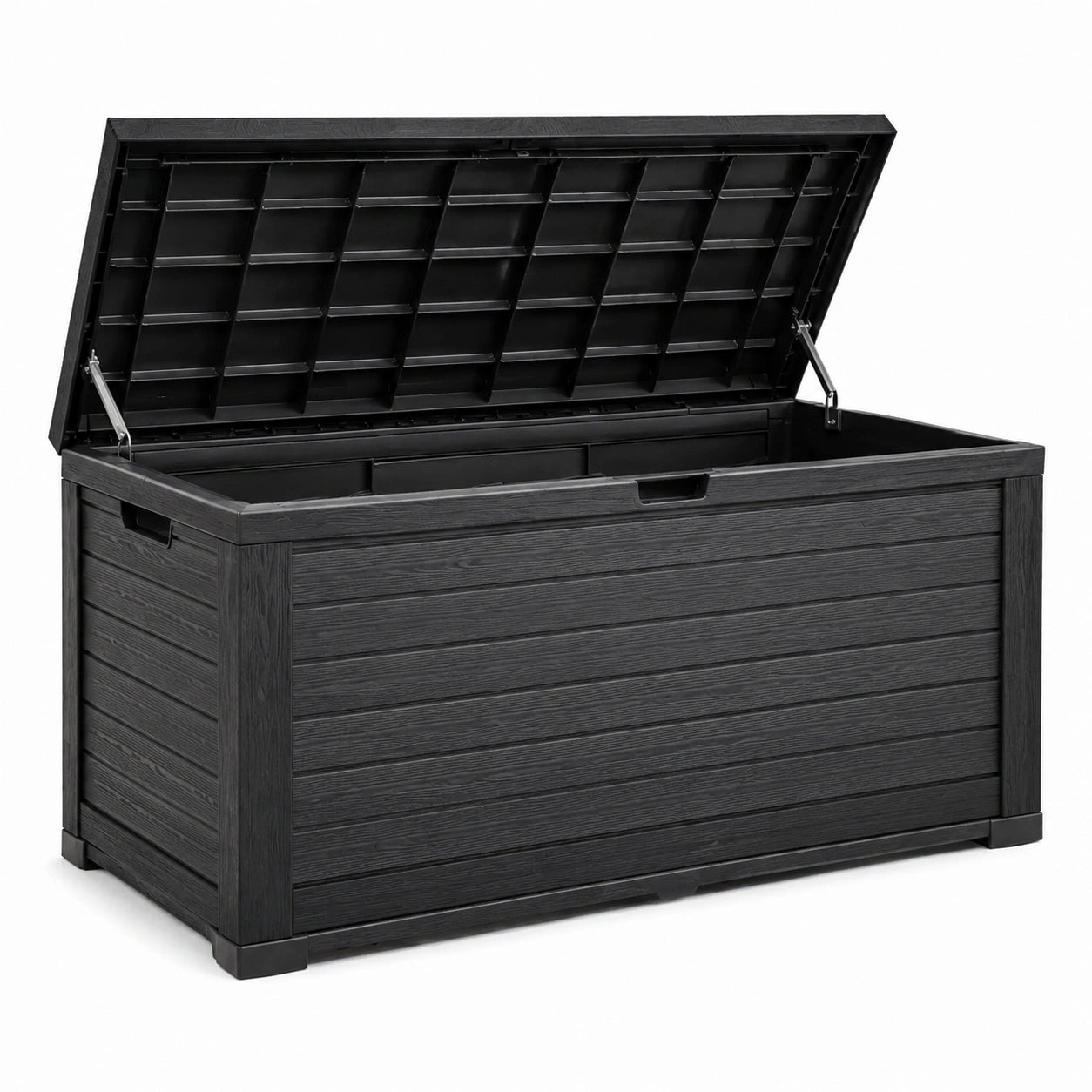 Baúl de jardín de plástico negro 120x45x57 cm con tapa superior