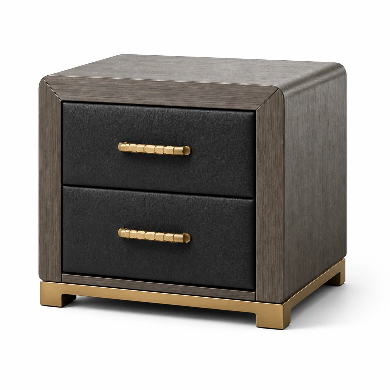 Mesa Auxiliar de Madera y Cuero Sintético con Detalles en Metal Dorado