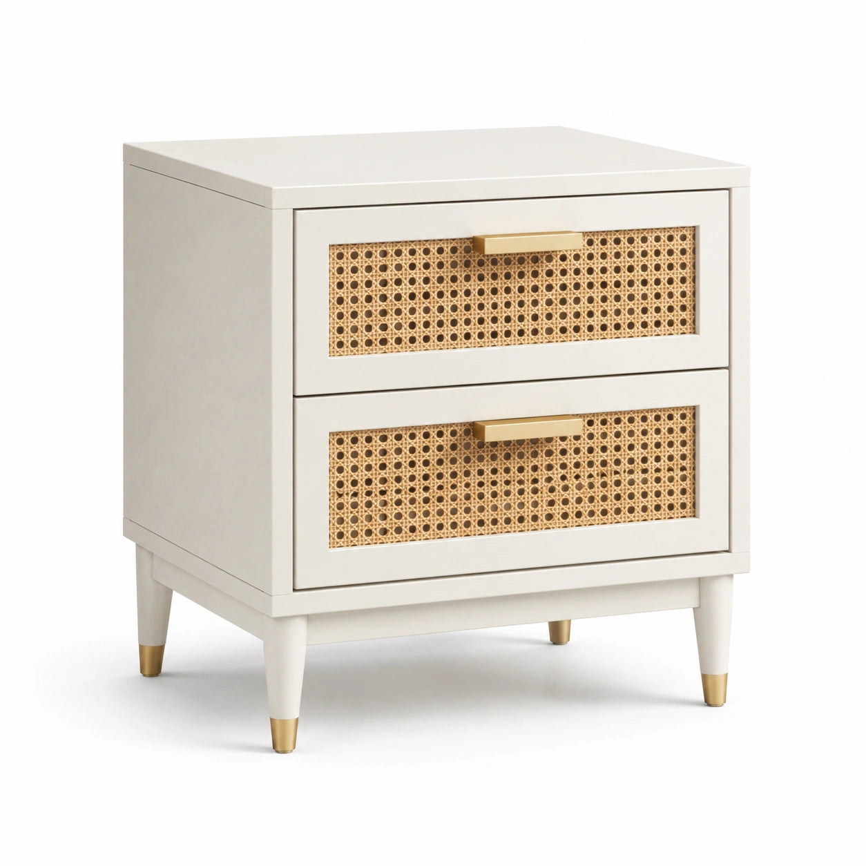 Mesita de noche de madera y ratán tejido blanca y natural
