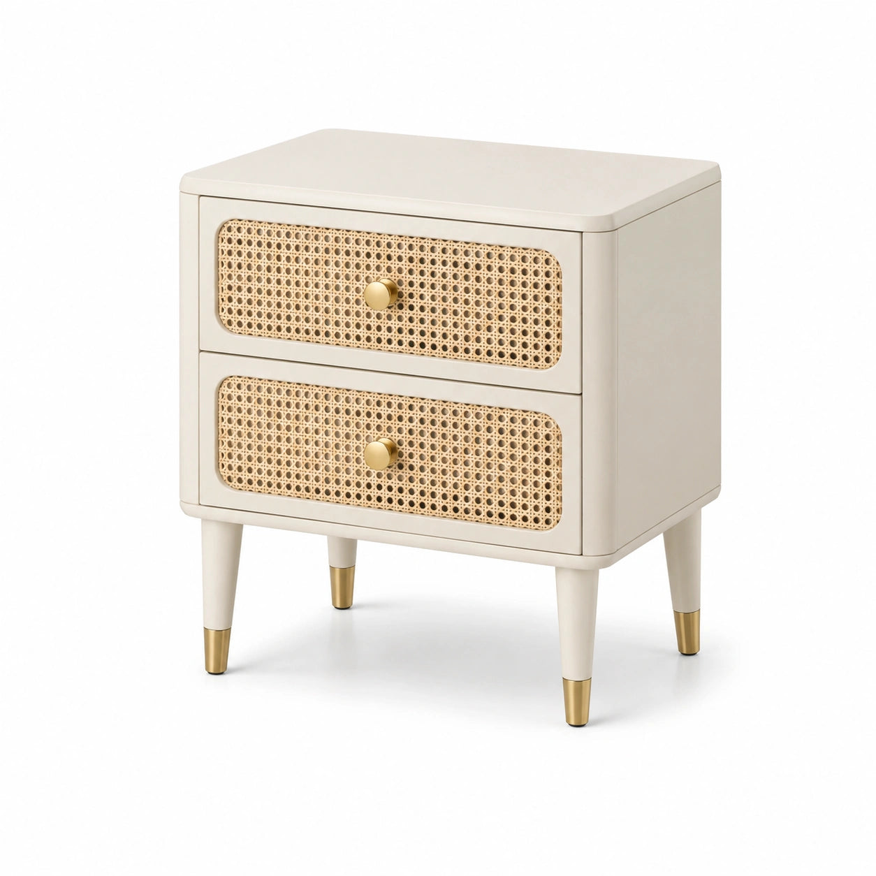 Mesita de noche de madera y ratán con dos cajones beige