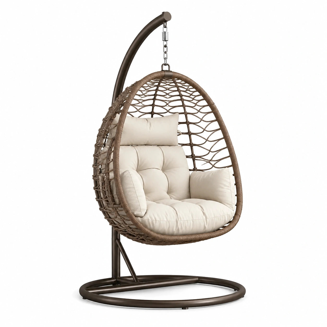 Silla colgante de resina con cojines crema y estructura de metal marrón