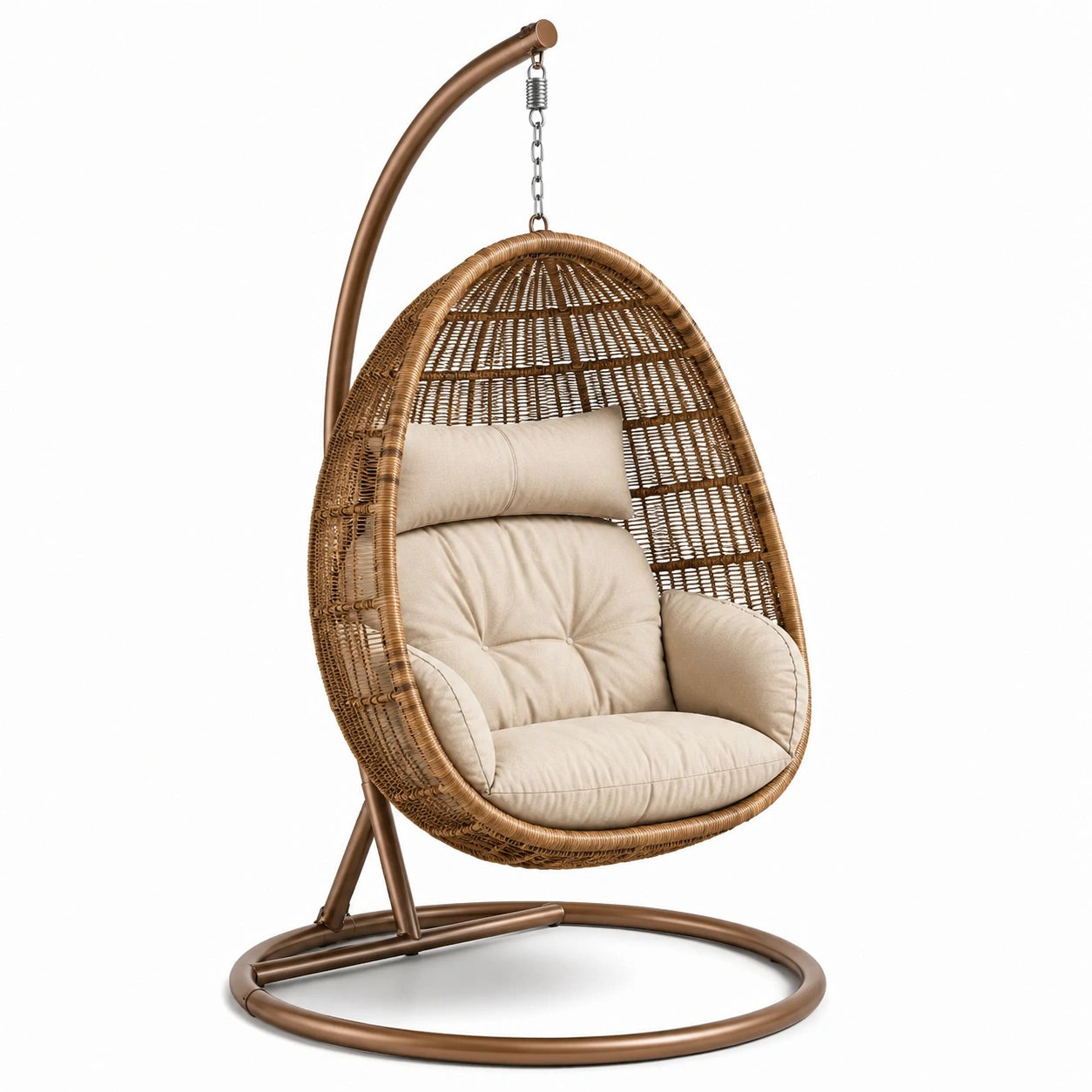 Silla colgante de ratán sintético marrón con cojines de poliéster beige