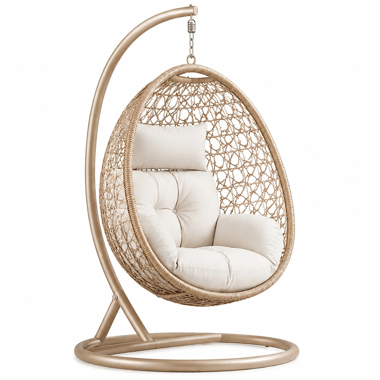 Sillón colgante de ratán con base de acero y cojines color crema