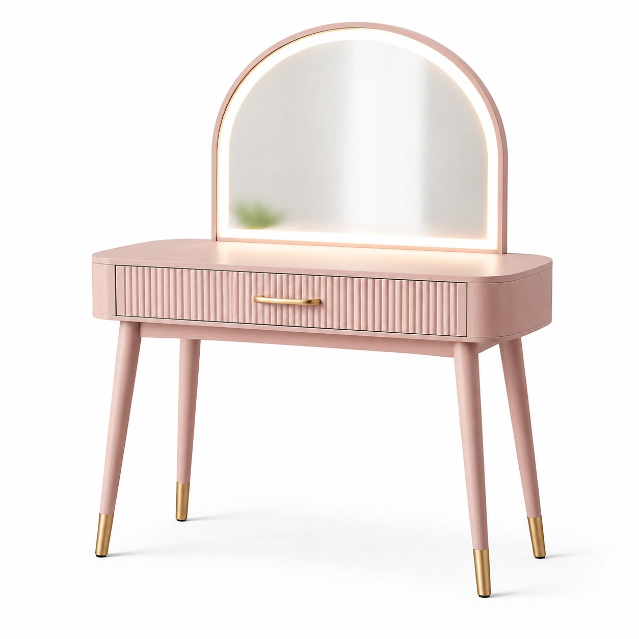 Tocador de madera rosa con espejo LED y detalles dorados