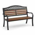 Banco de jardín de metal y madera con respaldo decorativo