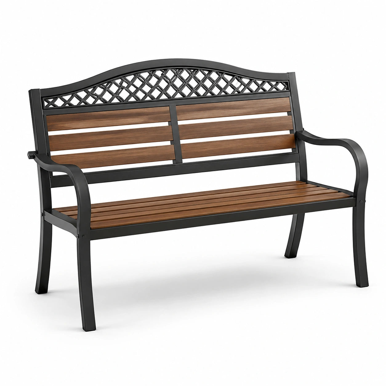 Banco de jardín de metal y madera con respaldo decorativo