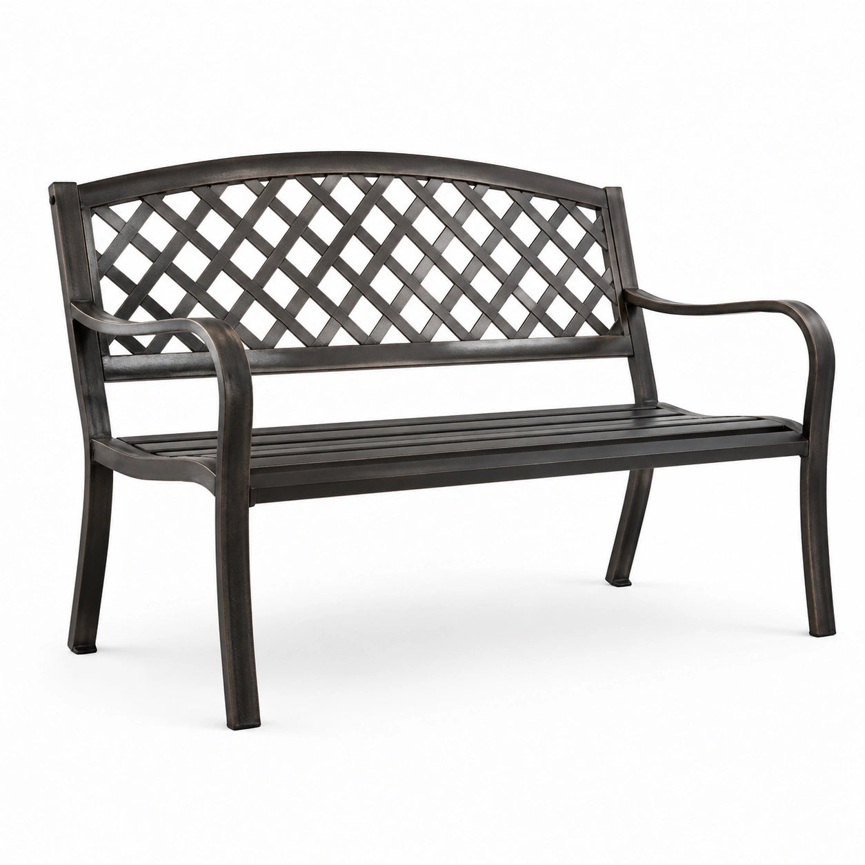 Banco de jardín de aluminio negro con respaldo de celosía