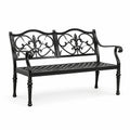 Banco de jardín de hierro con respaldo decorativo en negro