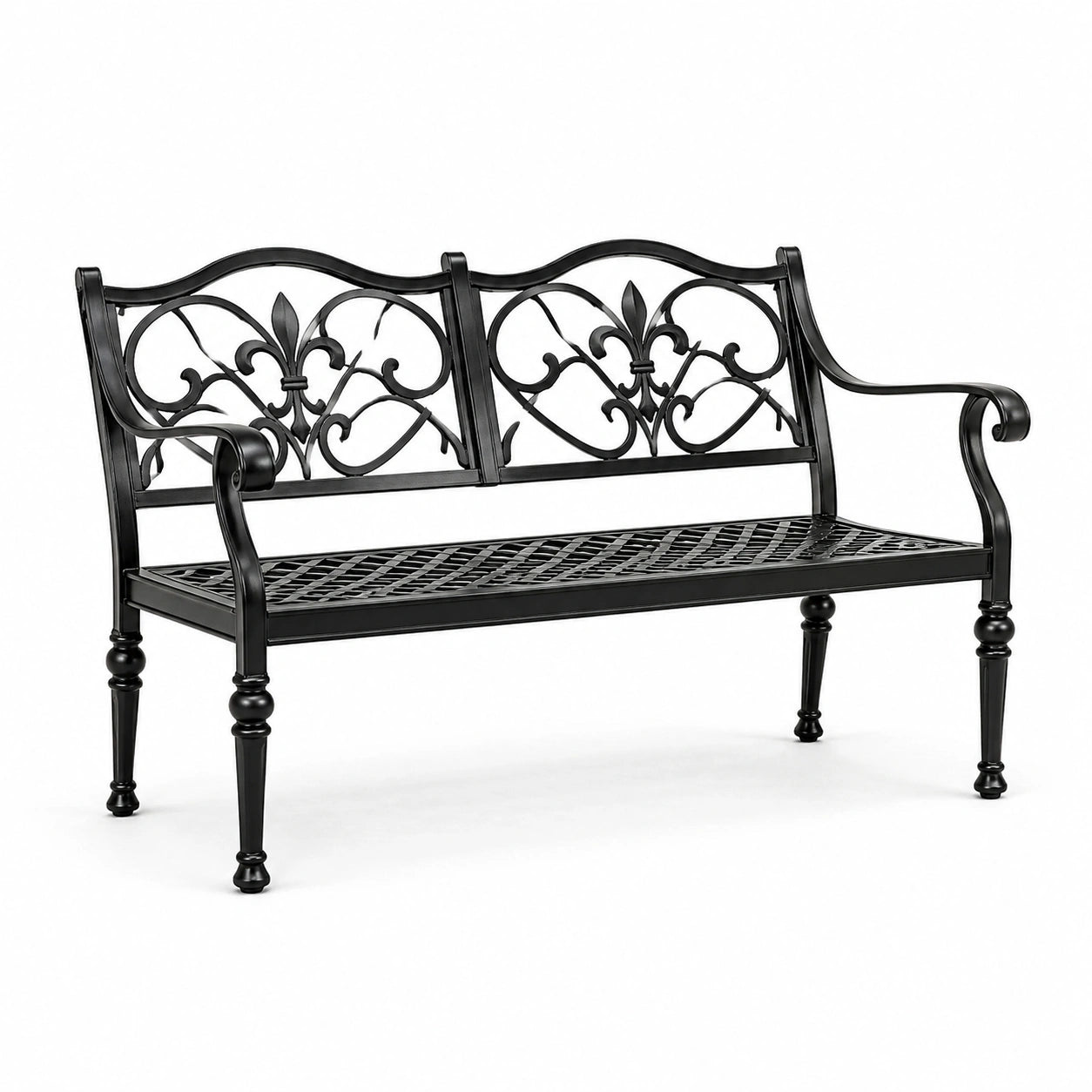 Banco de jardín de hierro con respaldo decorativo en negro