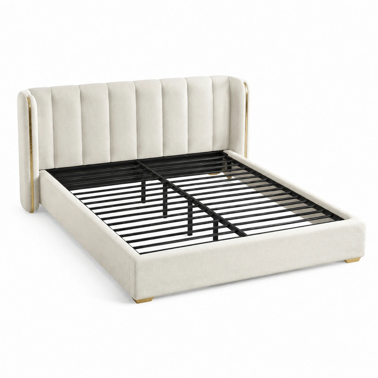Cama doble con cabecero tapizado en tela crema y somier metálico