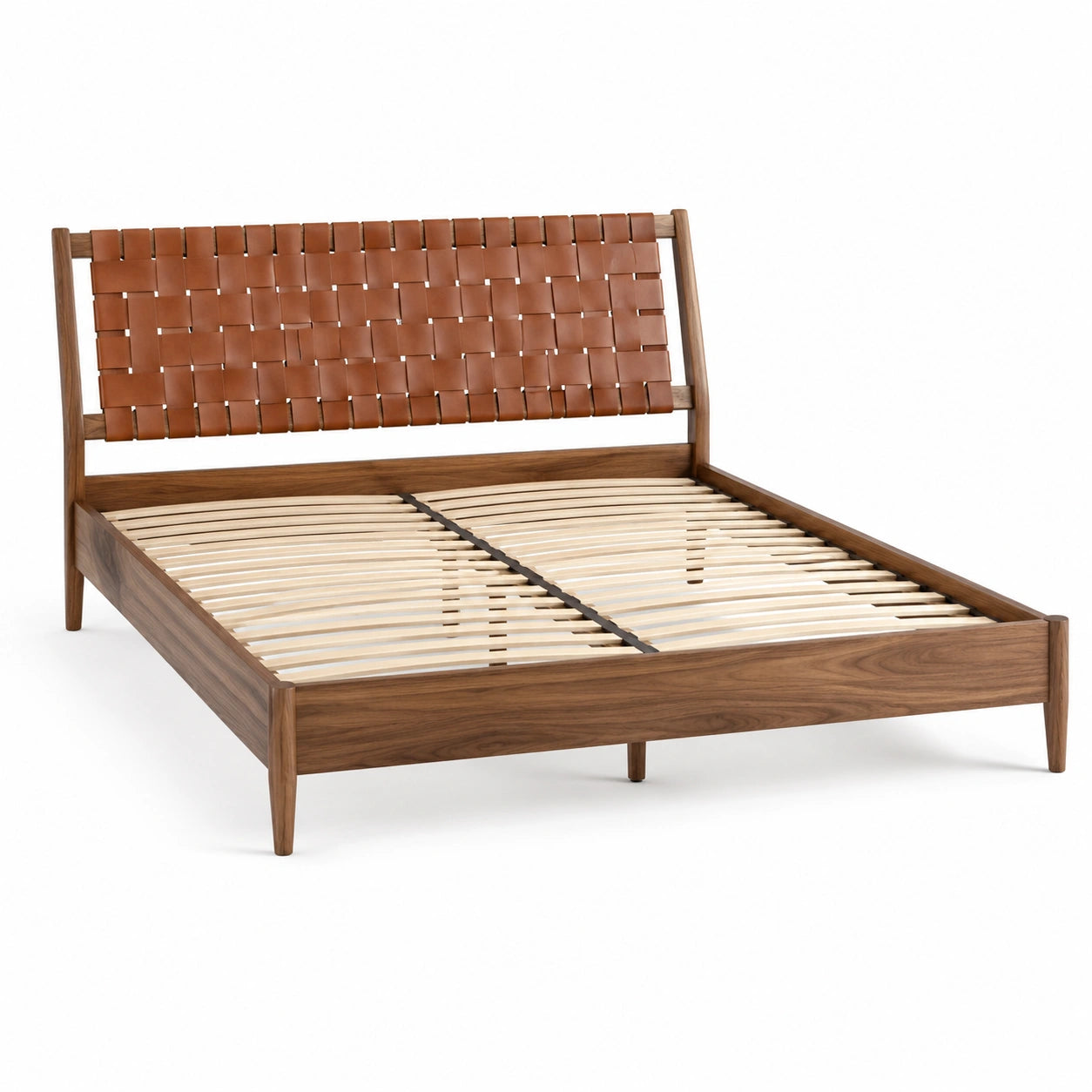 Cama de madera con cabecero de cuero trenzado 200x160 cm marrón