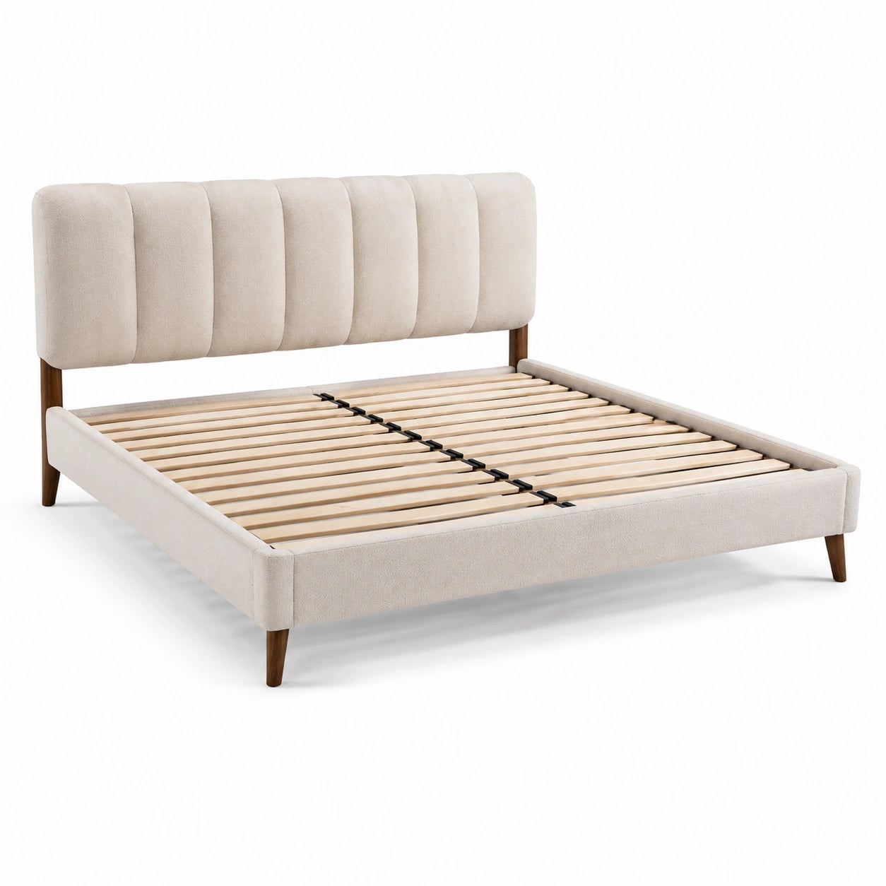 Cama doble beige con cabecero de poliéster y patas de madera 200x160 cm