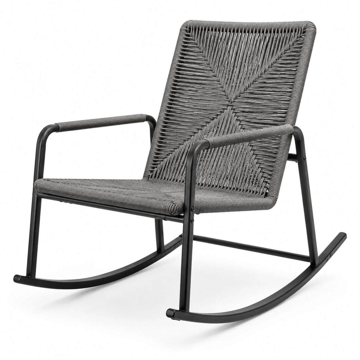 Silla mecedora de metal y cuerda gris