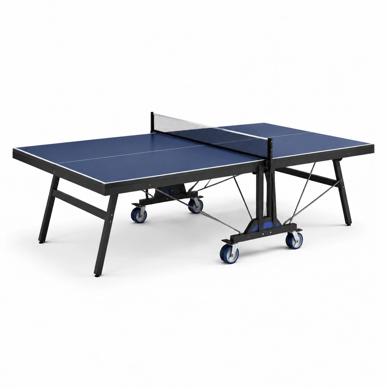Mesa de ping-pong de MDF y metal con ruedas plegable azul